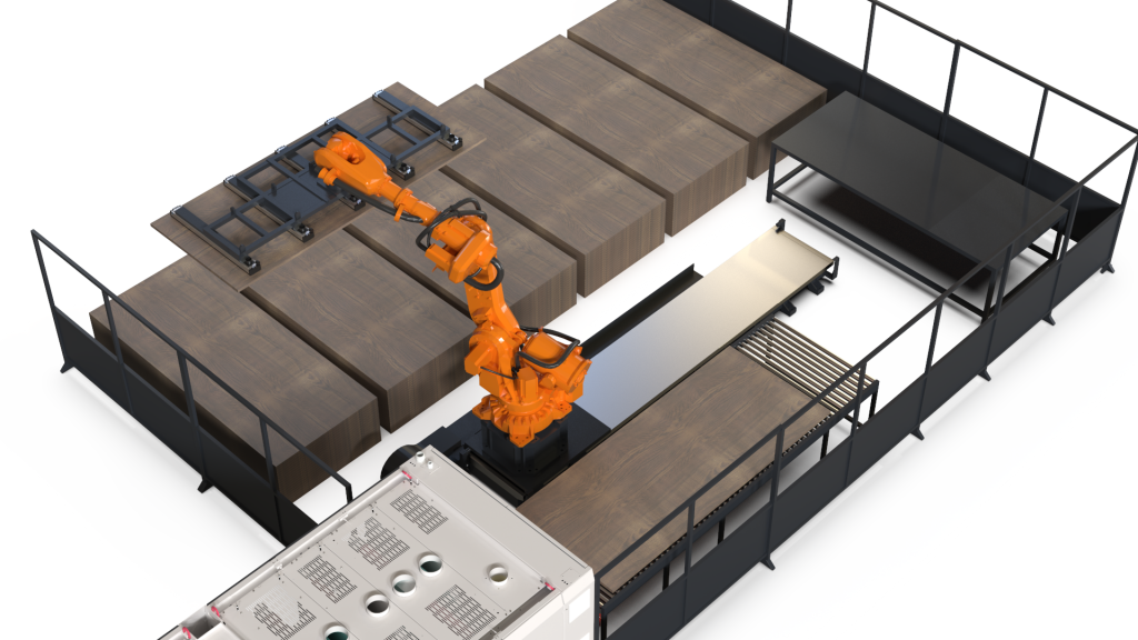 Anlage nach Abschluss der Konstruktionsarbeiten am Beispiel: Entladung der Schleifmaschine mit einem Roboter auf Linearführung zur Vergrößerung des Arbeitsbereiches.