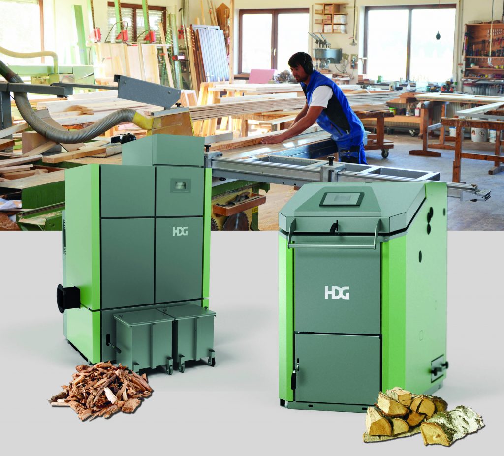 Holzheizlösungen von HDG: Links im  Bild die HDG Compact Hackschnitzelheizung und rechts der  HDG Euro Scheitholzkessel
