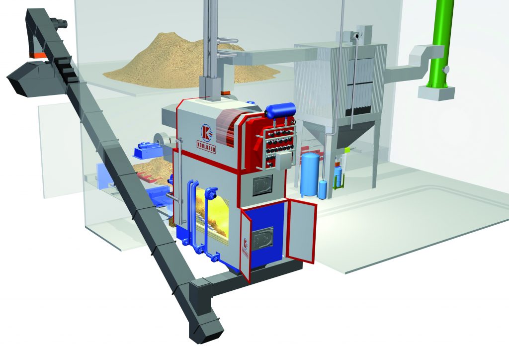  Holzverbrennungsanlage zur Bereitstellung von Prozesswärme mit Brennstofflager, Feuerbox, Warmwasserkessel, Entaschung und Rauchgasreinigung