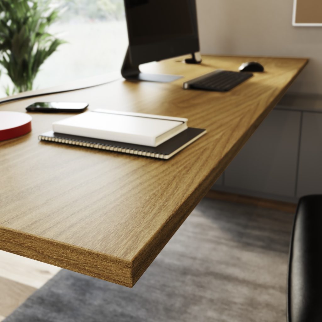Für die Schreibtischplatte wurde eine Rüster-Holzfurnierplatte eingesetzt. An den Kanten findet man die Furnierkante 'Rotrüster (Ulme) geschliffen'.